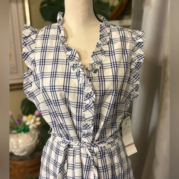 NWT White/Navy Blue Plaid Checkered Ruffle Mini Dress - Picture 3 of 11
